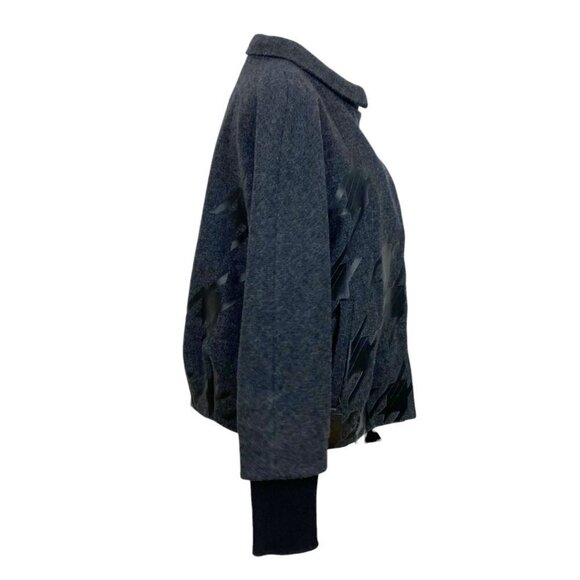 LAMB WOMEN'S GREY WOOL BLACK FAUX LEATHER GEO APPLIQUE BOMBER JACKET - 4 - Picture 2 of 11